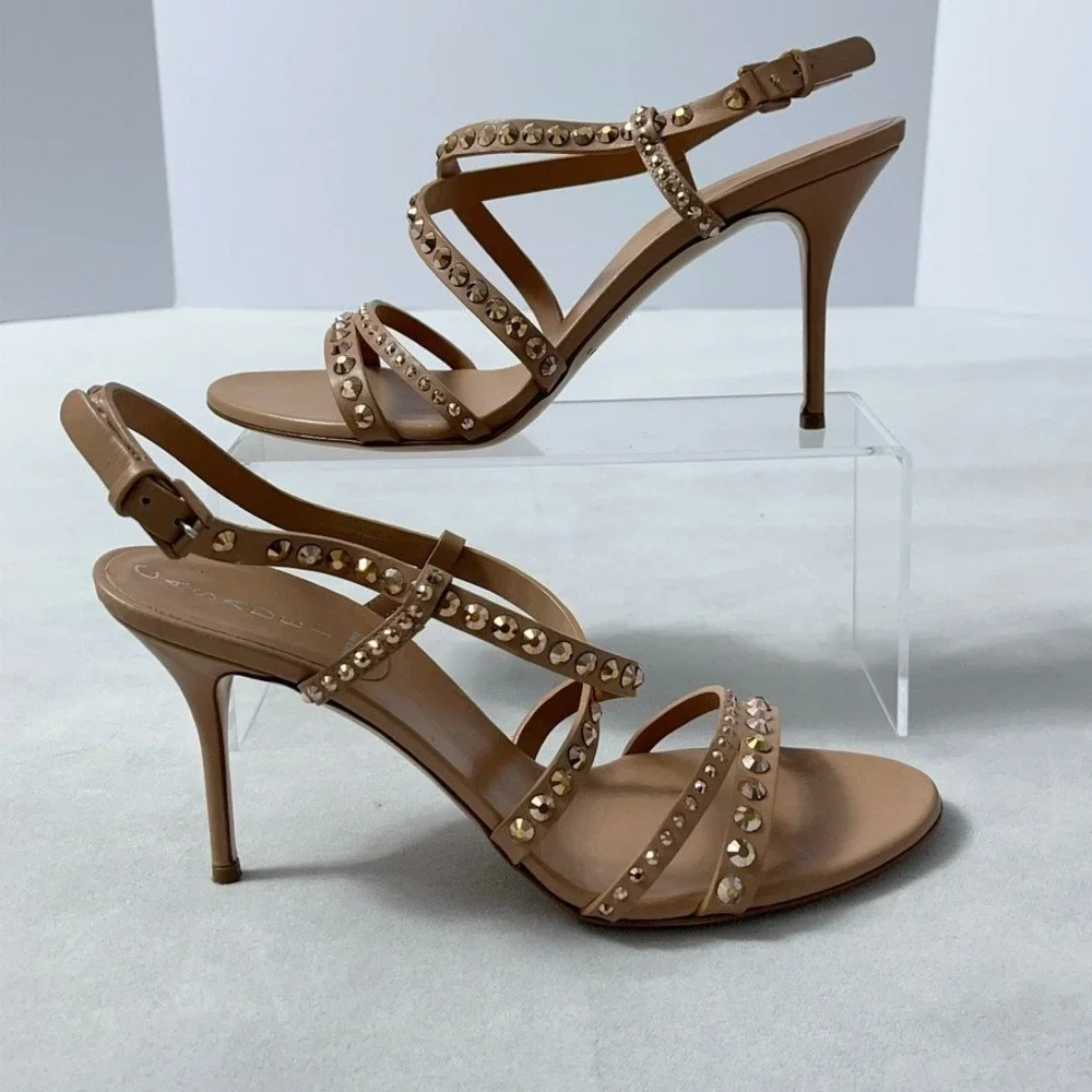 Casadei Heels 9 B Tan Strappy Sandals Stud Crystals Never Worn